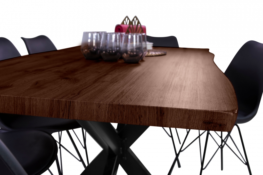 Esstisch Baumkante Holz-Optik Nussbaum 160 x 85 Spider-Gestell schwarz JOSY itemprop=