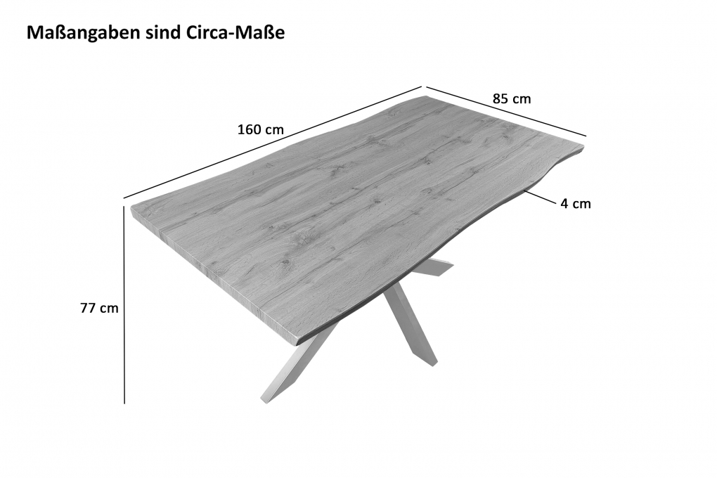 Esstisch Baumkante Holz-Optik Nussbaum 160 x 85 Spider-Gestell schwarz JOSY itemprop=