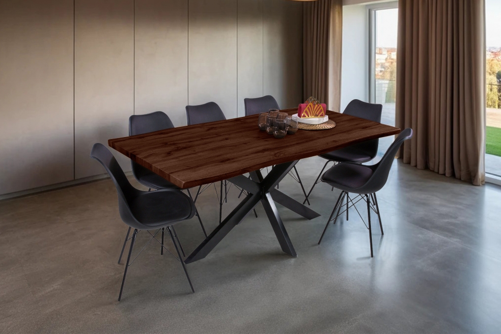Esstisch Baumkante Holz-Optik Nussbaum 180 x 90 Spider-Gestell schwarz JOSY itemprop=