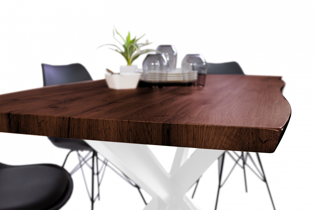 Esstisch Baumkante Holz Nussbaum-Optik 140 x 80 Spider-Gestell weiß JOSY itemprop=