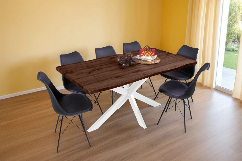 Esstisch Baumkante Holz Nussbaum-Optik 160 x 85 Spider-Gestell weiß JOSY itemprop=
