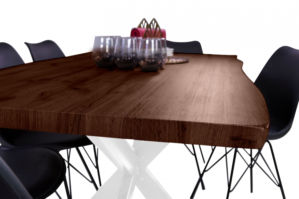 Esstisch Baumkante Holz Nussbaum-Optik 160 x 85 Spider-Gestell weiß JOSY itemprop=