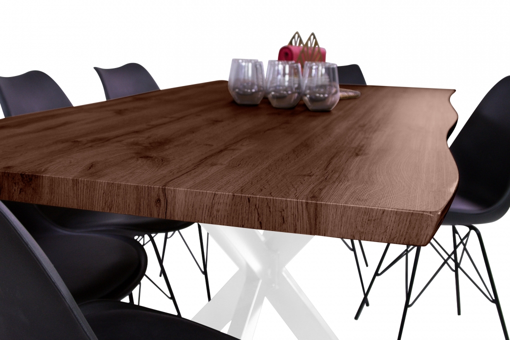 Esstisch Baumkante Holz-Optik Nussbaum 180 x 90 Spider-Gestell weiß JOSY itemprop=