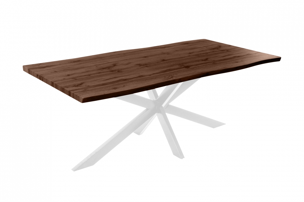 Esstisch Baumkante Holz-Optik Nussbaum 200 x 100 Spider-Gestell weiß JOSY itemprop=