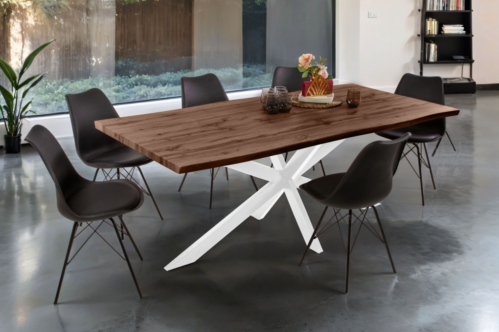 Esstisch Baumkante Holz-Optik Nussbaum 200 x 100 Spider-Gestell weiß JOSY itemprop=