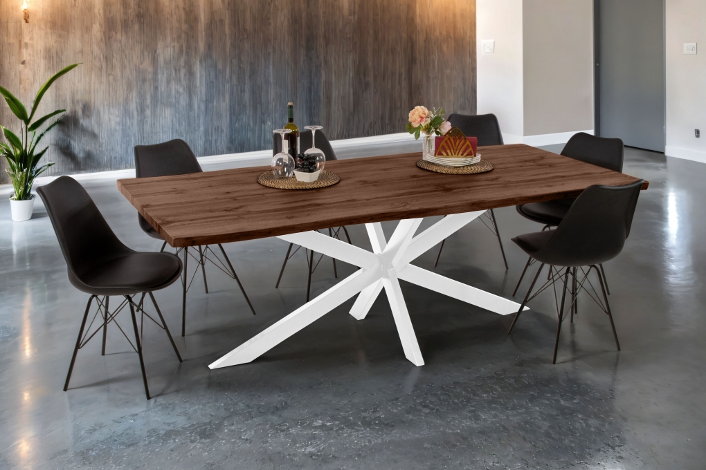 Esstisch Baumkante Holz-Optik Nussbaum 220 x 100 Spider-Gestell weiß JOSY itemprop=