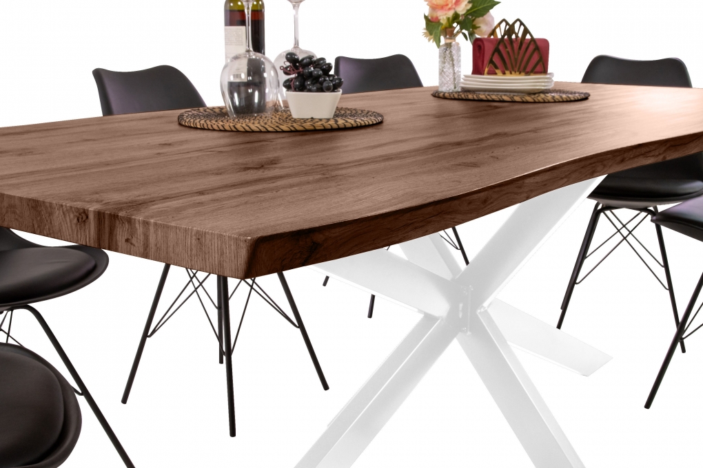 Esstisch Baumkante Holz-Optik Nussbaum 220 x 100 Spider-Gestell weiß JOSY itemprop=