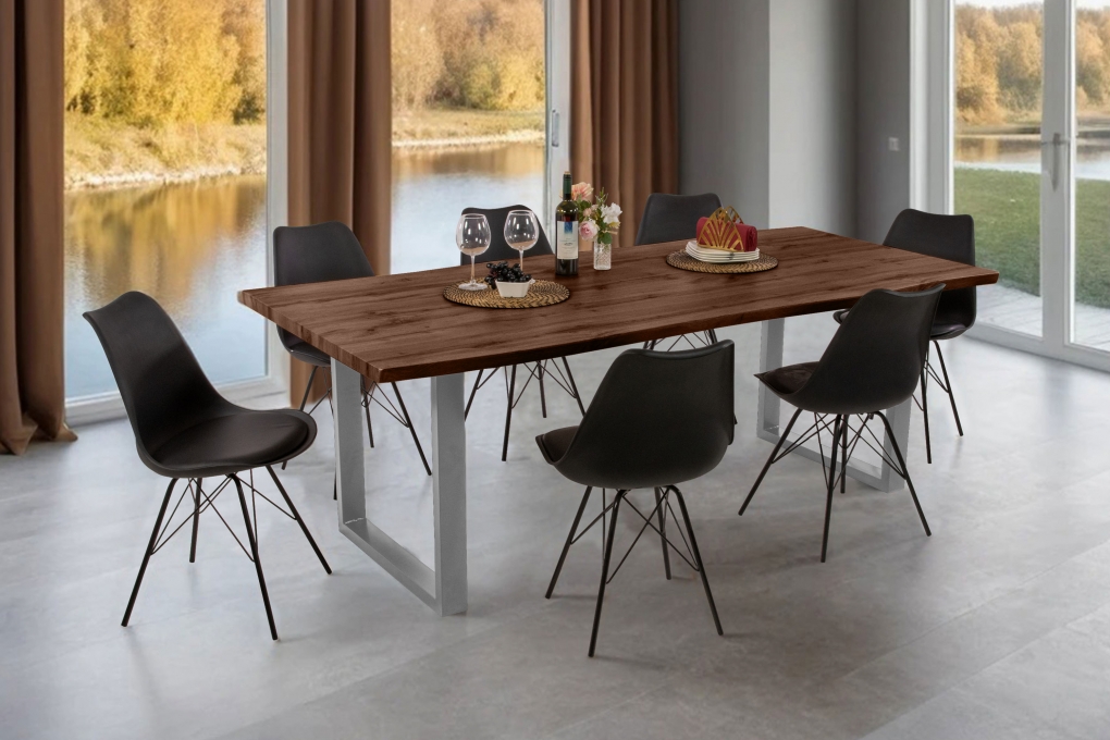Esstisch Baumkante Holz-Optik Nussbaum 220 x 100 U-Gestell silber JOSY itemprop=