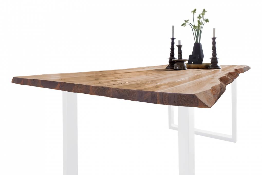 Esstisch Baumkante Massiv Akazie eichefarben 180 x 90 weiß NOAH itemprop=
