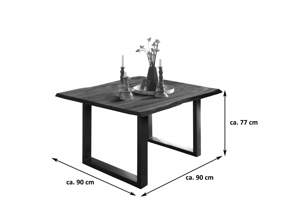 Esstisch Baumkante Massiv Akazie eichefarben 90 x 90 schwarz NOAH itemprop=
