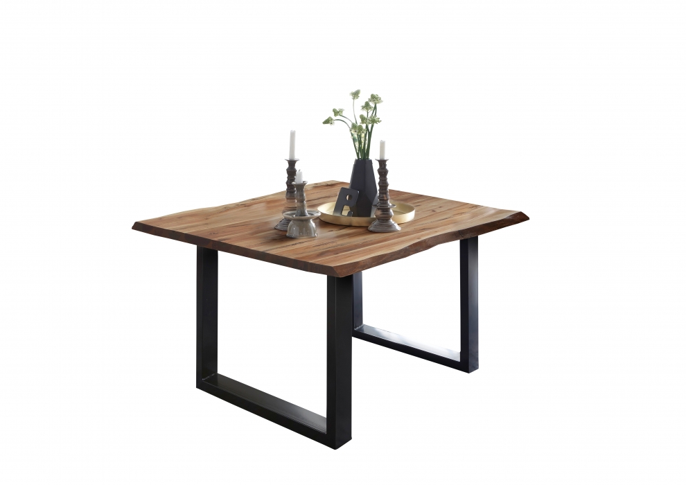Esstisch Baumkante Massiv Akazie eichefarben 80 x 80 schwarz NOAH itemprop=