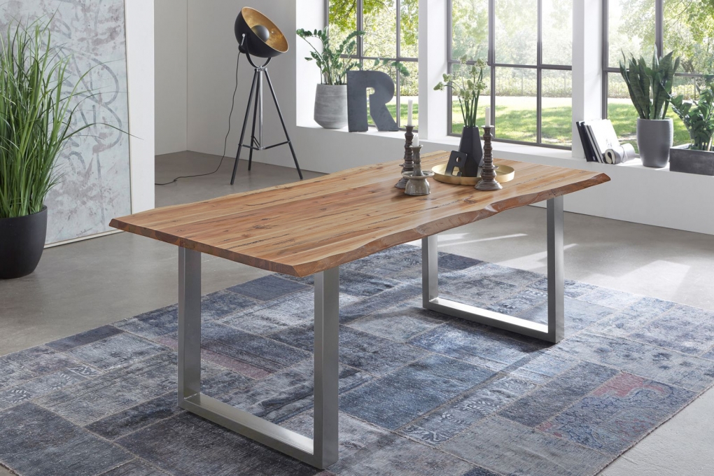 Esstisch Baumkante Massiv Akazie eichefarben 180 x 90 silber NOAH itemprop=