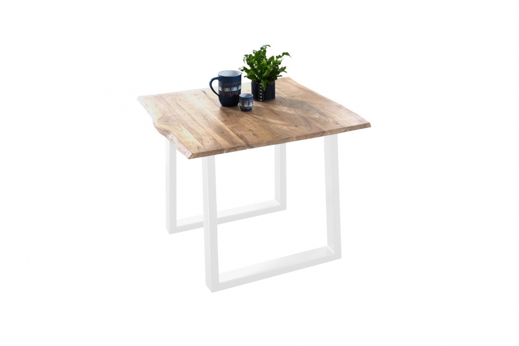 Esstisch Baumkante Massiv Akazie eichefarben 80 x 80 weiß NOAH itemprop=