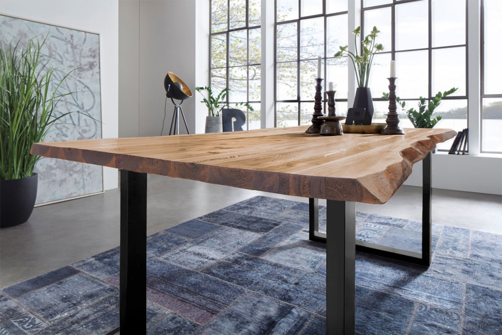 Esstisch Baumkante Massiv Akazie eichefarben 280x 100 schwarz NOAH itemprop=
