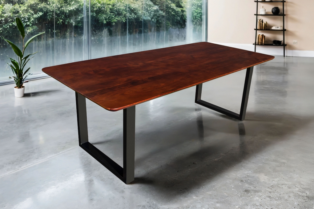 Esstisch 240 x 100 cm Akazie massiv kastanienfarben Schweizer Kante U-Gestell schwarz ROBERTO itemprop=