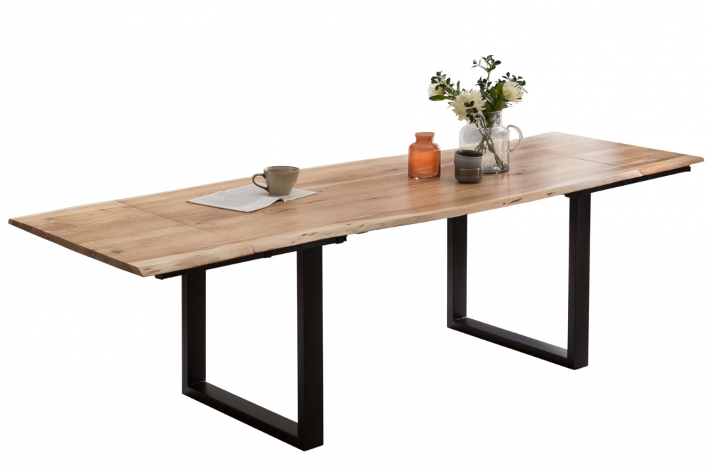 Esstisch Baumkante Akazie natur 220(320)x100 Ansteckplatten schwarz PAULO itemprop=