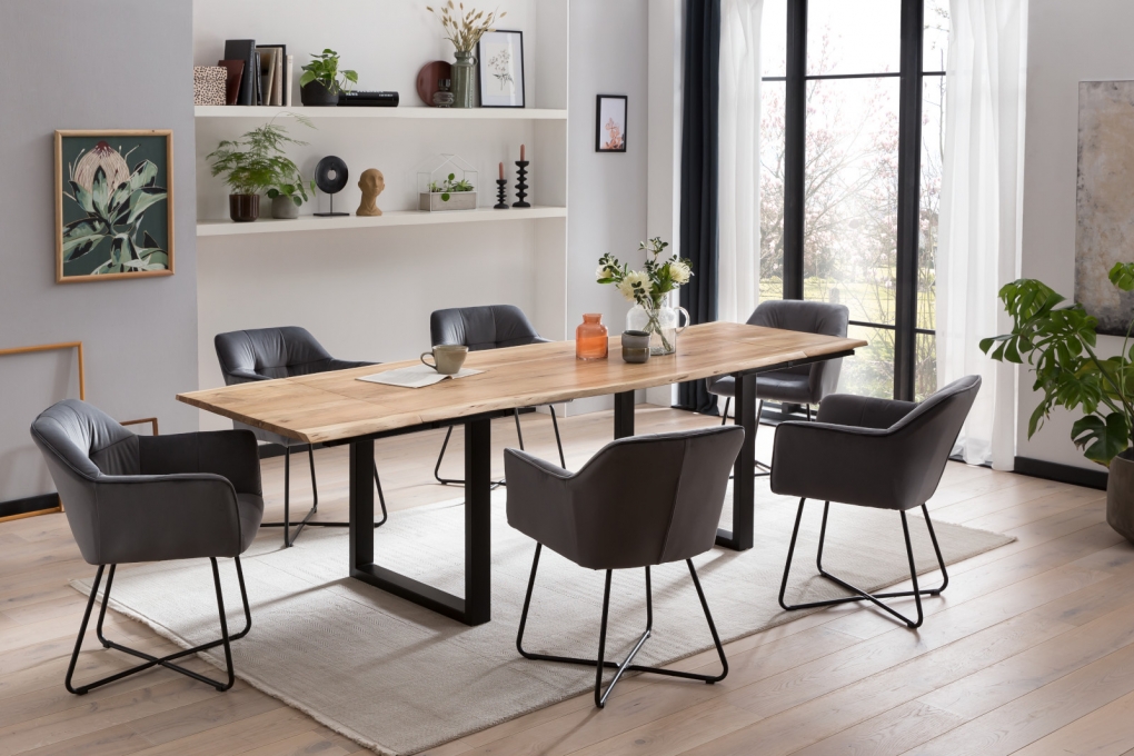 Esstisch Baumkante Akazie natur 220(320)x100 Ansteckplatten schwarz PAULO itemprop=