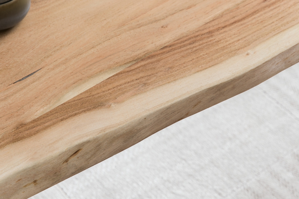 Esstisch Baumkante Akazie natur 220(320)x100 Ansteckplatten schwarz PAULO itemprop=