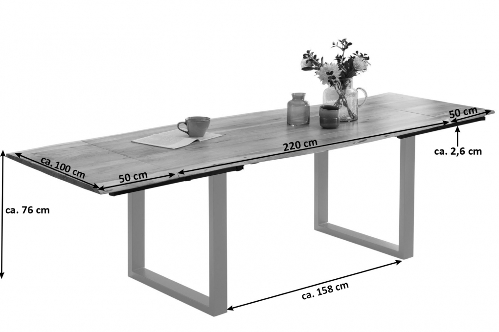 Esstisch Baumkante Akazie natur 220(320)x100 Ansteckplatten schwarz PAULO itemprop=
