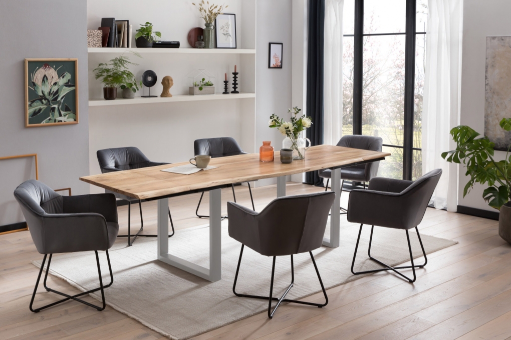 Esstisch Baumkante Akazie natur 180(280)x90 Ansteckplatten silber PAULO itemprop=