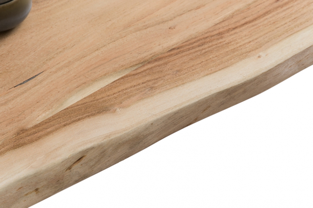 Esstisch Baumkante Akazie natur 180(280)x90 Ansteckplatten silber PAULO itemprop=