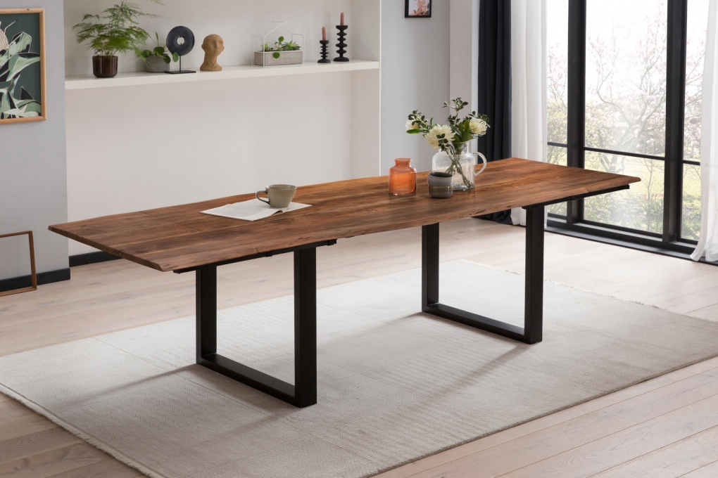 Esstisch Baumkante Akazie nuss 160(260)x90 Ansteckplatten schwarz PAULO itemprop=