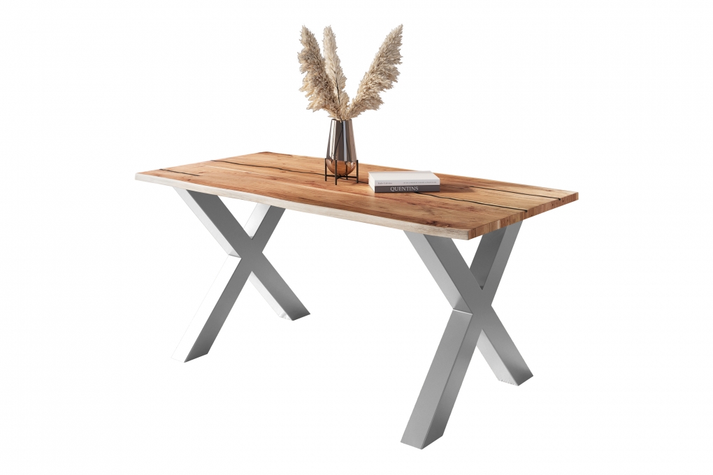 Baumkantentisch Akazie mit schwarzen Resin-Adern naturfarben 180 x 90 cm X-Gestell silber POLLY itemprop=