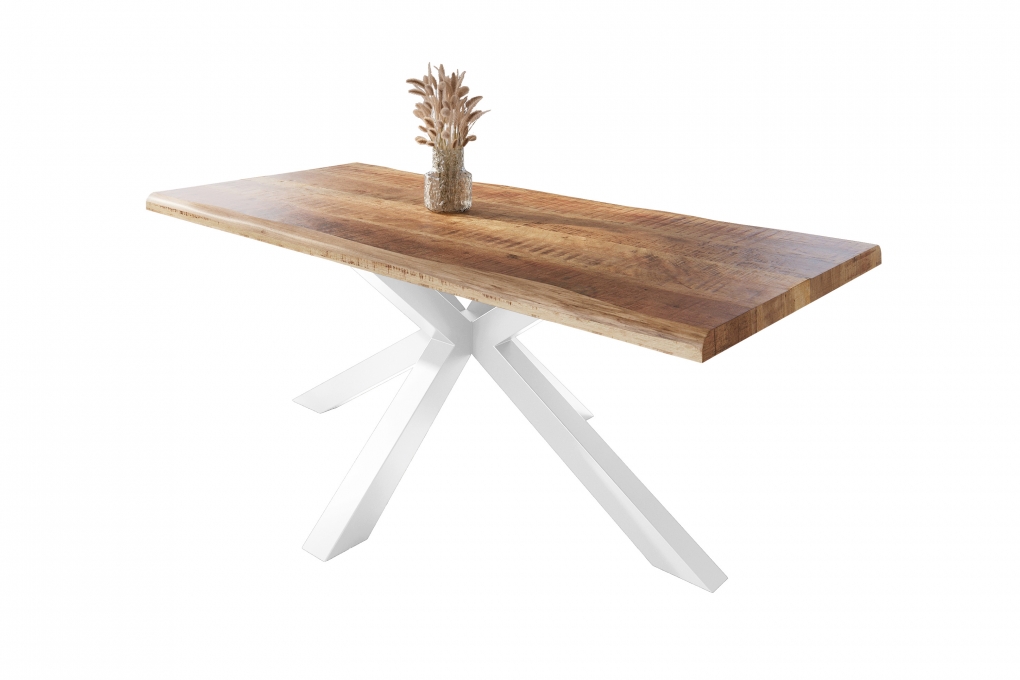 Esstisch Baumkante massiv Mango rough 180 x 90 Spider-Gestell weiß ATLAS itemprop=