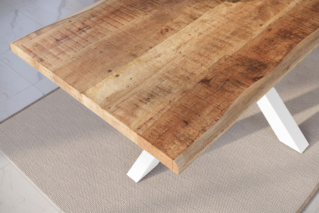 Esstisch Baumkante massiv Mango rough 220 x 100 Spider-Gestell weiß ATLAS itemprop=