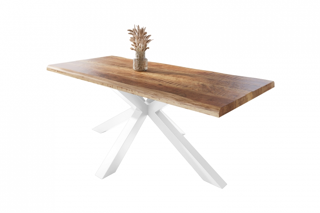 Esstisch Baumkante massiv Mango rough 240 x 100 Spider-Gestell weiß ATLAS itemprop=