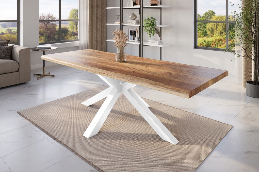 Esstisch Baumkante massiv Mango rough 280 x 100 Spider-Gestell weiß ATLAS itemprop=