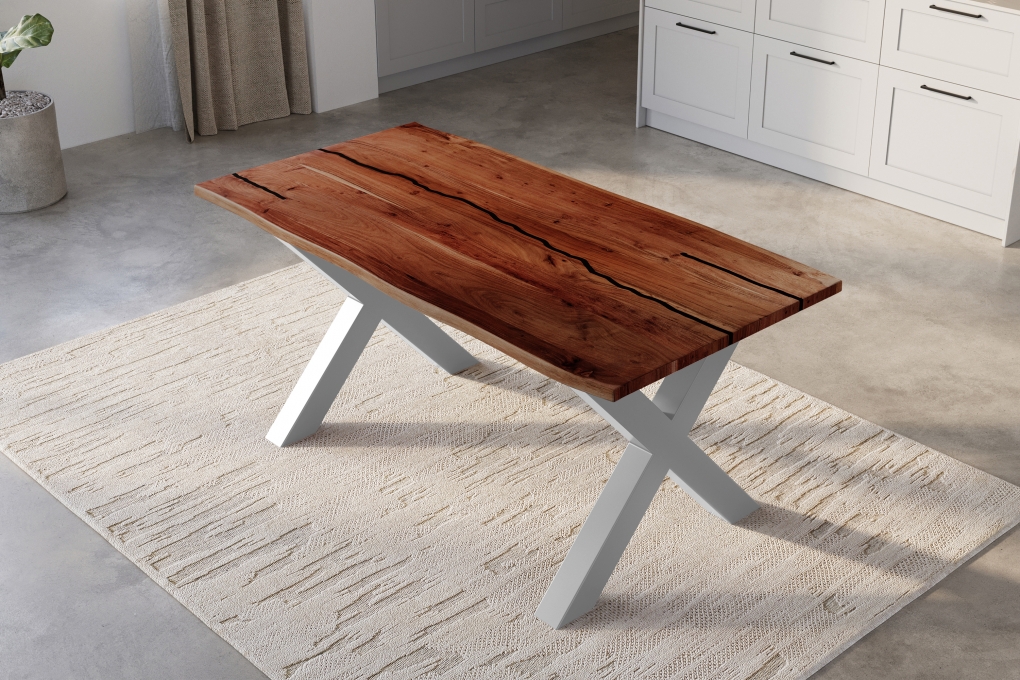 Baumkantentisch Akazie mit schwarzen Resin-Adern nussbaumfarben 140 x 80 cm X-Gestell silber POLLY itemprop=