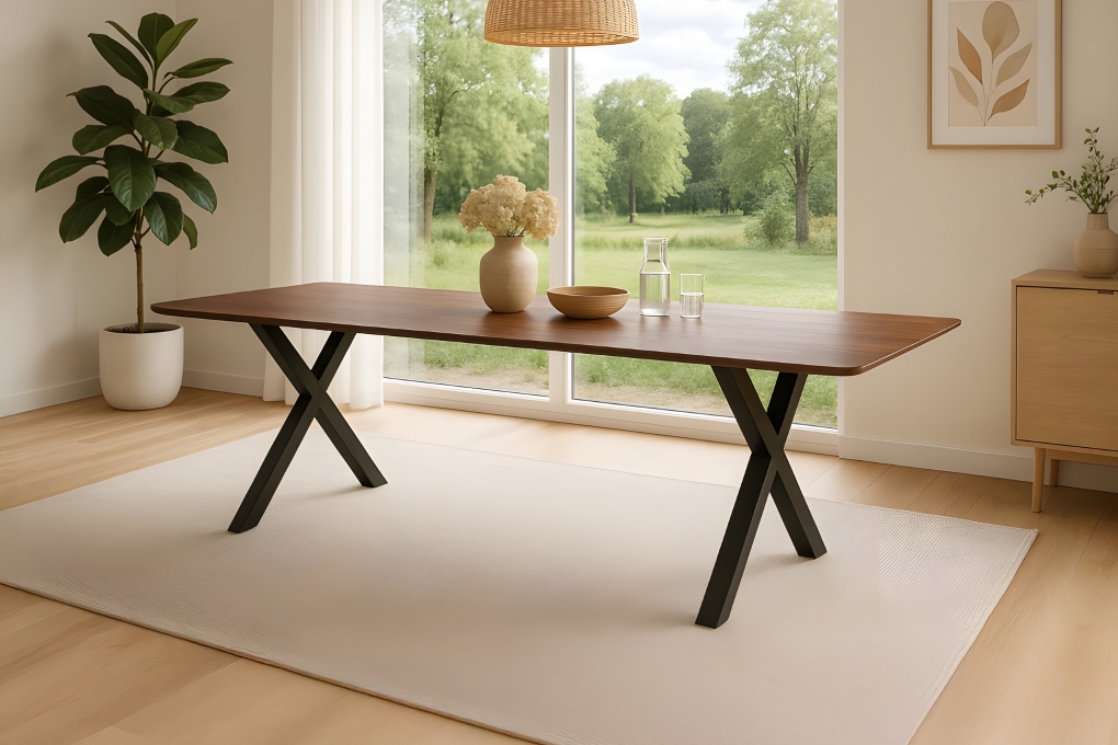 Esstisch 240 x 100 cm Akazie massiv kastanienfarben Schweizer Kante X-Gestell schwarz ROBERTO itemprop=