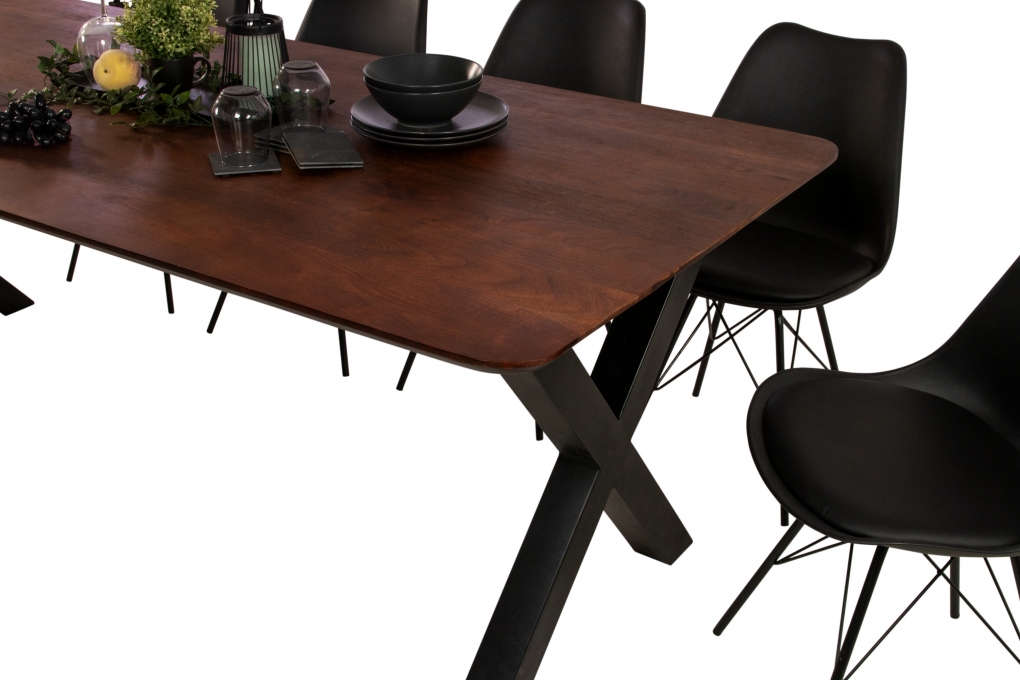 Esstisch 240 x 100 cm Akazie massiv kastanienfarben Schweizer Kante X-Gestell schwarz ROBERTO itemprop=
