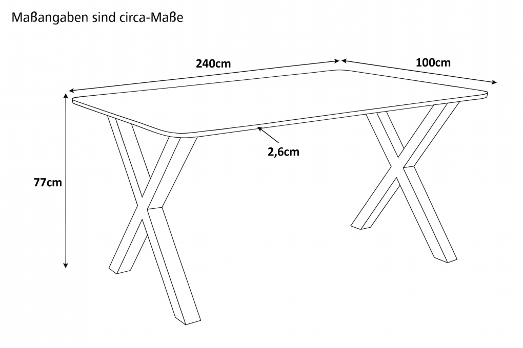 Esstisch 240 x 100 cm Akazie massiv kastanienfarben Schweizer Kante X-Gestell schwarz ROBERTO itemprop=