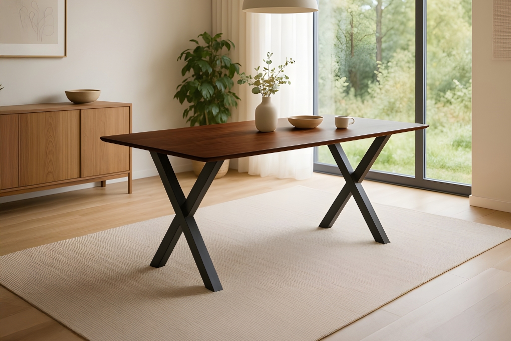 Esstisch 160 x 85 cm Akazie massiv kastanienfarben Schweizer Kante X-Gestell schwarz ROBERTO itemprop=