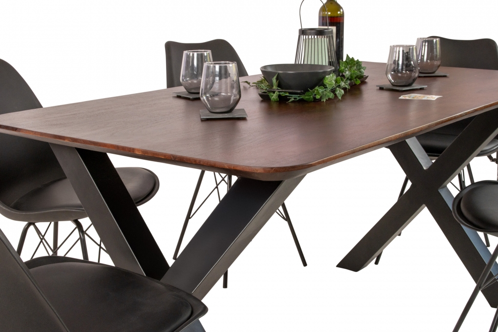 Esstisch 160 x 85 cm Akazie massiv kastanienfarben Schweizer Kante X-Gestell schwarz ROBERTO itemprop=