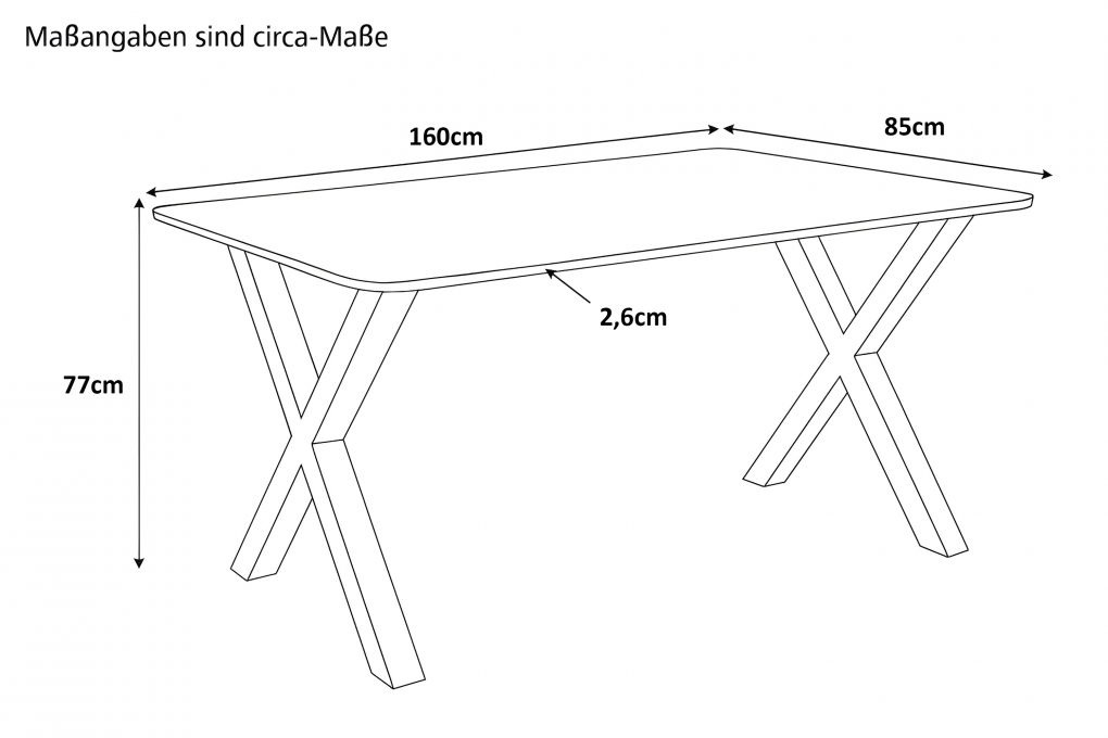 Esstisch 160 x 85 cm Akazie massiv kastanienfarben Schweizer Kante X-Gestell schwarz ROBERTO itemprop=