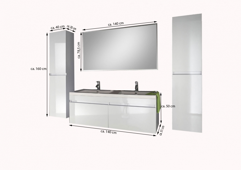 SAM® Badmöbel Set 4tlg Doppelwaschtisch 140 cm weiß Parma itemprop=