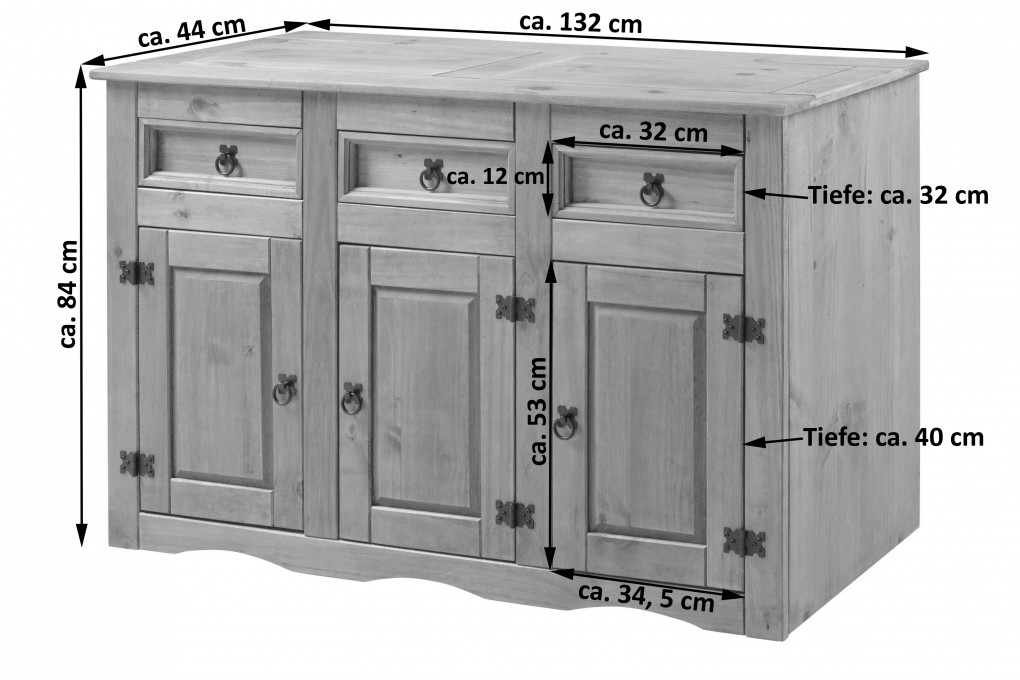 SAM® Sideboard 132 x 84 x 44 cm massiv Kiefer natur MEXICO itemprop=