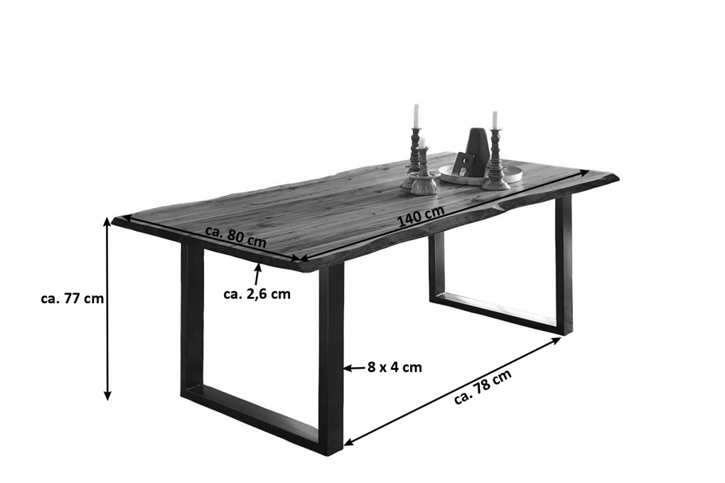 Esstisch Baumkante Massiv Akazie natur 140 x 80 schwarz NOAH itemprop=