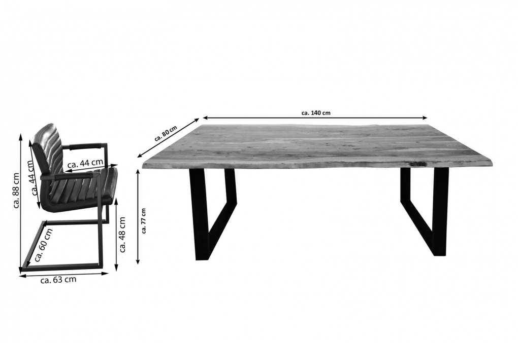 Essgruppe 140 cm Akazie naturfarben U-Gestell schwarz mit 6 Stühlen NOAH itemprop=