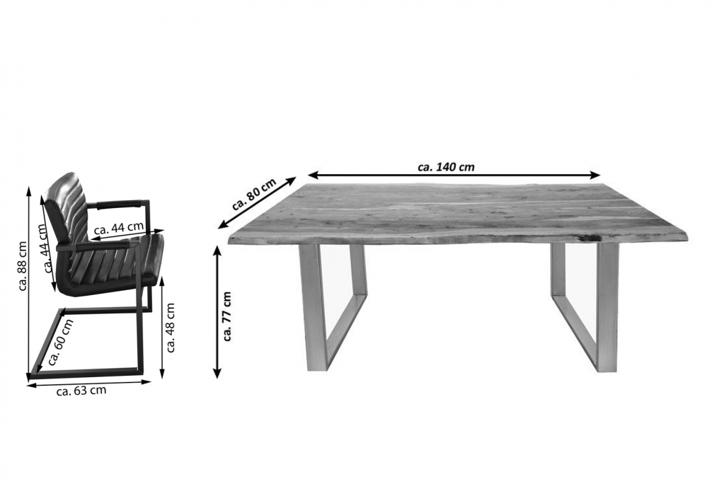 Essgruppe 140 cm Akazie naturfarben U-Gestell silber mit 6 Stühlen NOAH itemprop=