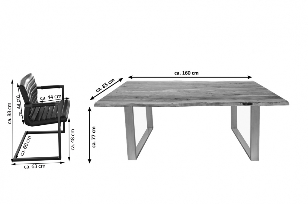 SAM® Baumkanten Tischgruppe Akazie nussbaum 160x85 silber 7tlg. NOAH itemprop=