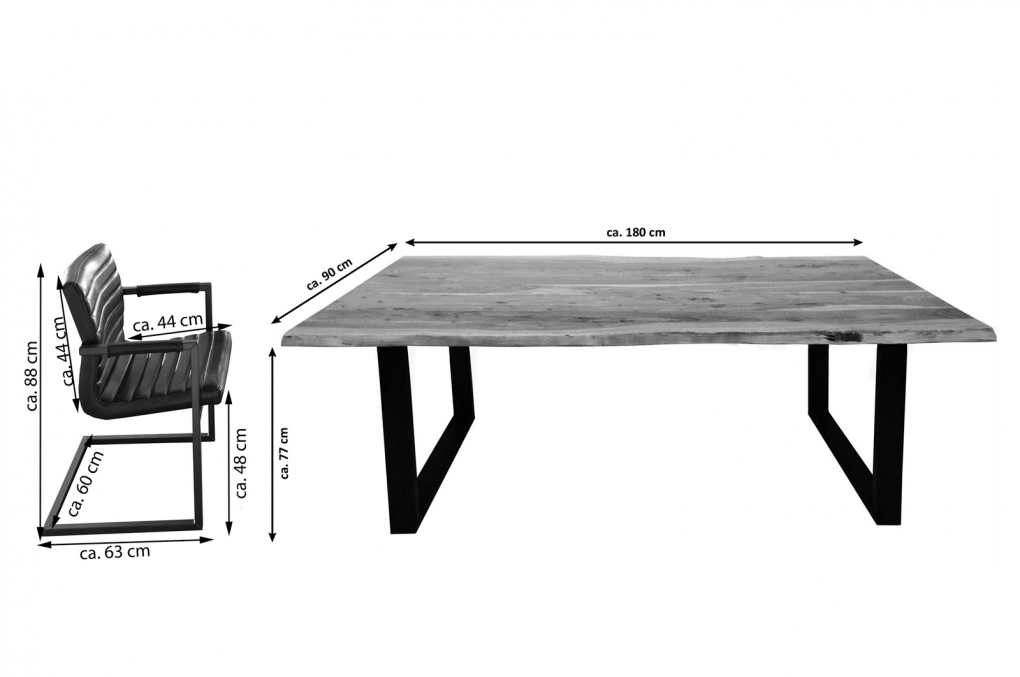 Essgruppe 180 cm Akazie naturfarben U-Gestell schwarz mit 6 Stühlen NOAH itemprop=