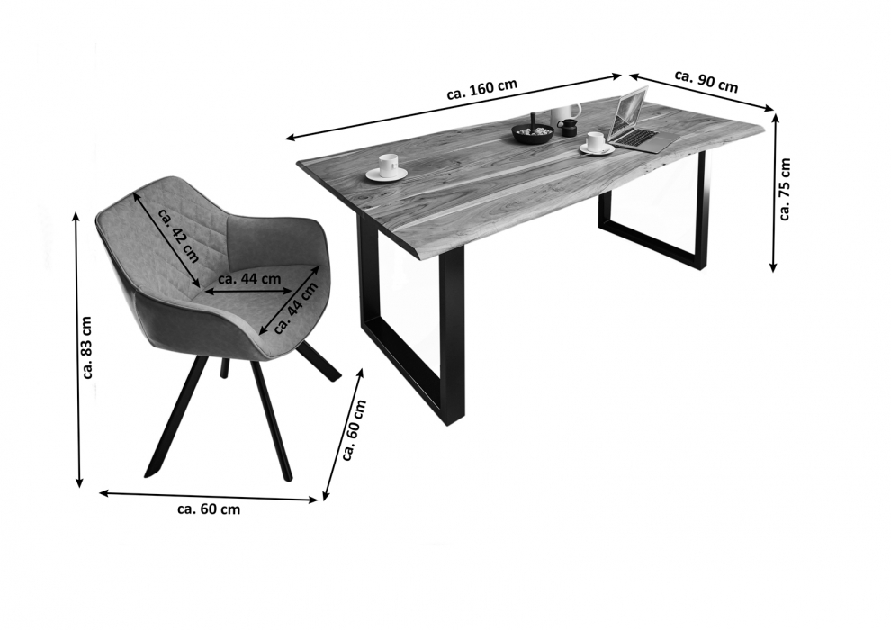 SAM® Essgruppe 160 cm Akazie naturfarben U-Gestell silber mit 6 Stühlen MILO itemprop=