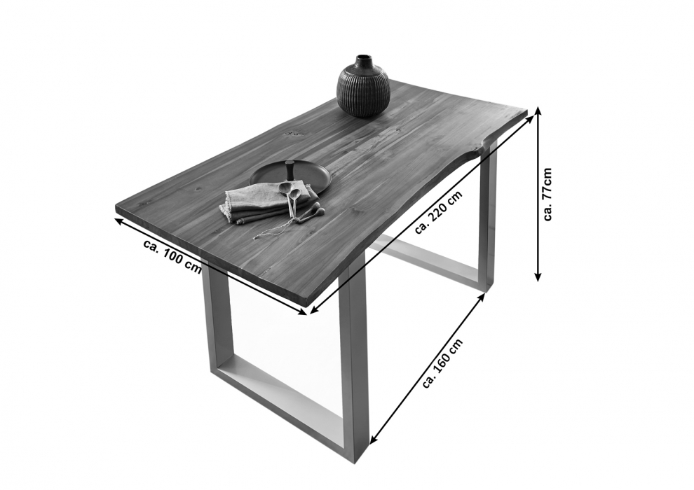 Esstisch Baumkante massiv Akazie cognac 220 x 100 schwarz Esra itemprop=