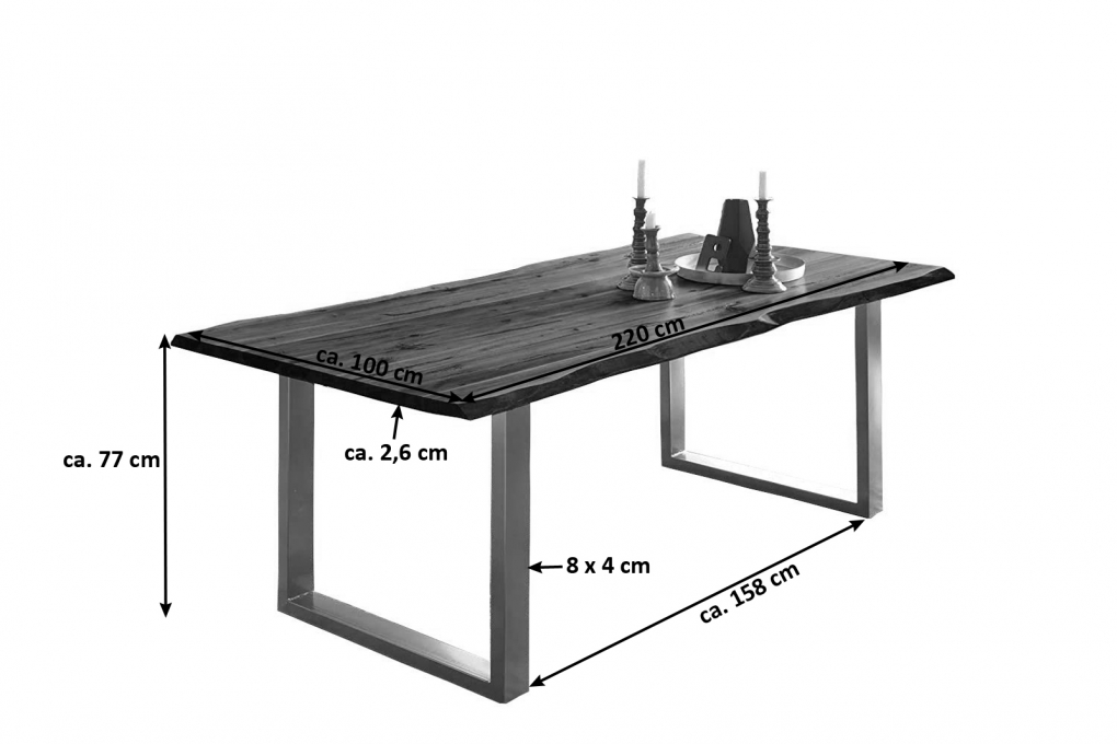 Esstisch Baumkante Massiv Akazie nussbaum 220 x 100 silber NOAH itemprop=