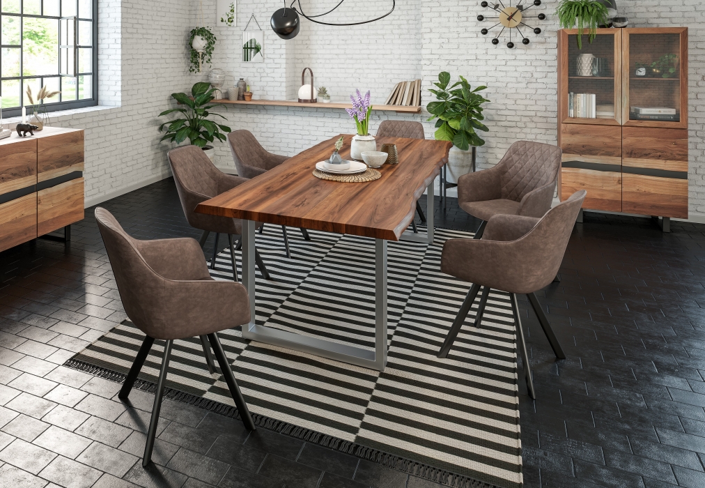  Esstisch Baumkante massiv Akazie nussbaum 180 x 90 silber LIAM itemprop=