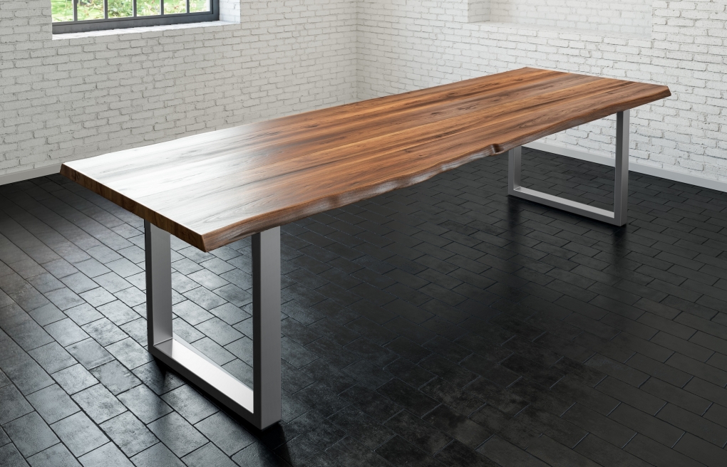  Esstisch Baumkante massiv Akazie nussbaum 300 x 100 silber LIAM itemprop=